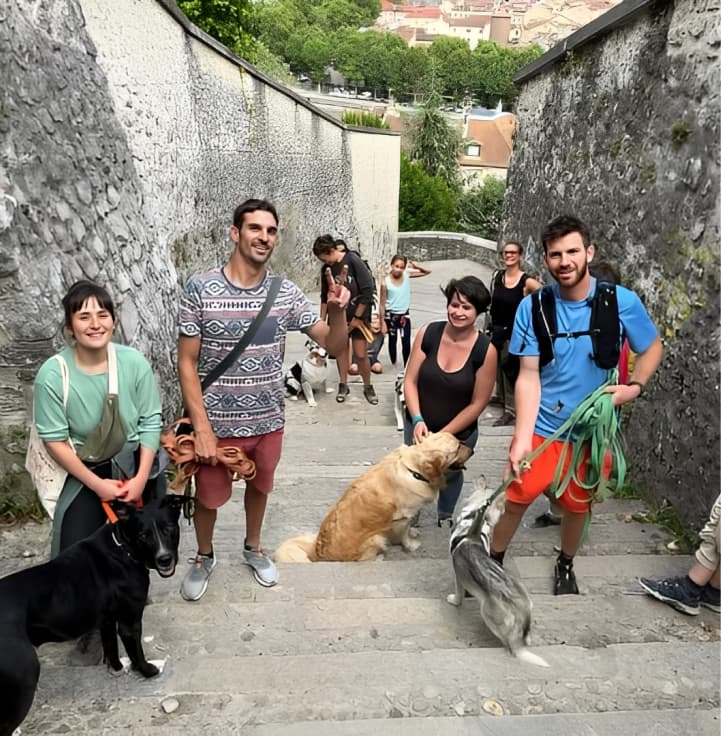 Groupe de personnes avec leurs chiens